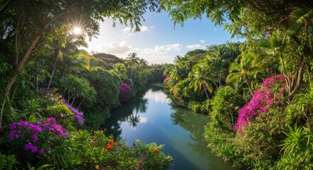 Obraz premium Serene Tropical River Landscape - Tranquil river flows through lush tropical foliage, bathed in sunlight. Vibrant flowers add color to this idyllic scene