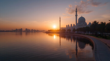Obraz premium Sunrise over a grand mosque by a calm lake, city skyline in the distance. Peaceful scene ideal for travel brochures or religious publications