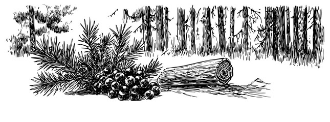 Engraved illustration of pine cones and log surrounded by pine branches in a serene forest setting