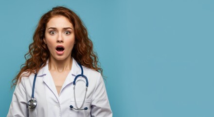 Shocked Doctor Poster: Medical Emergency Announcement - A young female doctor with open mouth in shock, symbolizing surprise, urgency, medical breakthrough, unexpected news