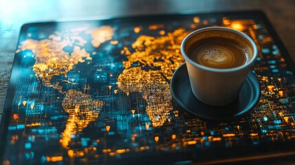 Global connection with coffee on a digital world map showcasing vibrant city lights