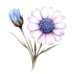 Delicate Floral Watercolor Illustration of a Daisy Flower and Bud on White Background Digital Art