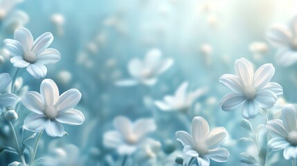 Fototapeta premium Soft dreamy white flowers in blue background