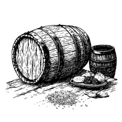 Engraved illustration of rustic wooden barrels and harvest produce on a weathered table