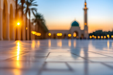 Sunset at a Mosque courtyard, reflecting lights on polished floor; peaceful evening prayer scene, ideal for travel or religious themes
