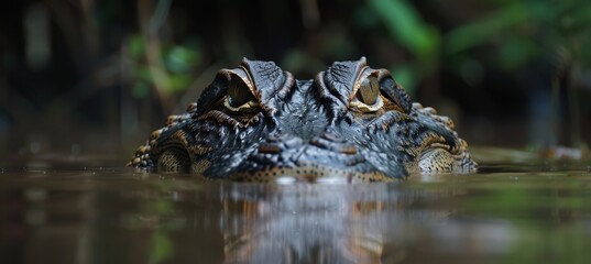 Obraz premium Caiman Stealthily Submerged in Murky River, Eyes and Nostrils Above Water