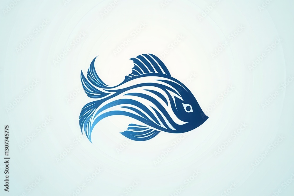 Poster abstract fish logo design featuring wave patterns and a minimalist aquatic theme in cool blue tones 