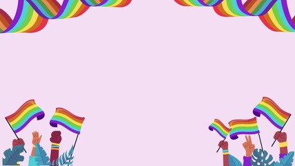 Pride backdrop with pride colors and multinational and multi cultural hands and flags waving for copy space concept 4k animated background for copy space