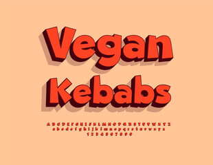 Vector Culinary emblem Vegan Kebab. 3D Modern Red Font. Creative Alphabet Letters and Numbers set.