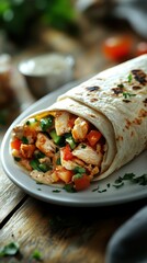 Delicious chicken wrap filled with fresh vegetables served on a rustic wooden table