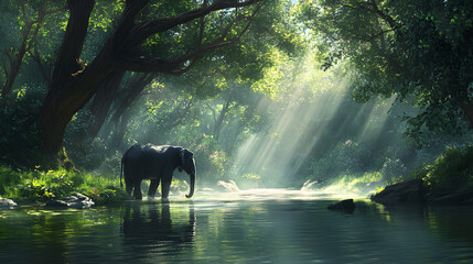 Naklejka premium A majestic elephant standing in the river 