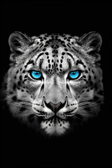 Snow Leopard's Piercing Blue Eyes on Black Background for High-End Branding and Design