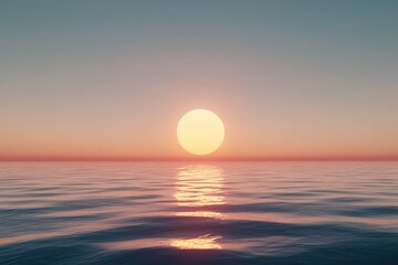 Obraz premium Serene sunset over calm ocean waters, large sun reflecting on the surface.