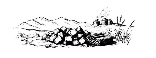 Illustration of a serene mountain landscape with a stack of stones and logs beside rustic silos and rolling hills
