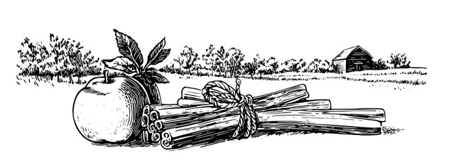 Fresh harvest of apples and bundled twigs set against a serene countryside landscape with a rustic barn