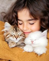 Girl cuddling kittens, cozy home, peaceful scene, perfect for a calendar or greeting card