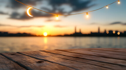 Sunset over calm water, city skyline, wooden table, string lights, Ramadan. Ideal for restaurant, travel, or holiday promotions