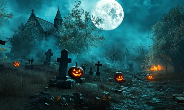 halloween night scene with castle in graveyard