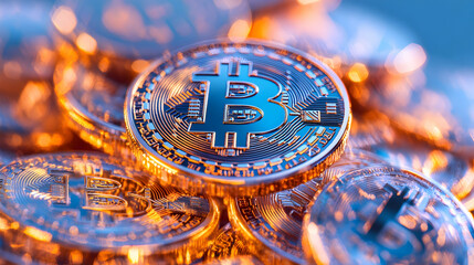 Gleaming Bitcoin pile, close-up; digital currency wealth concept; ideal for finance articles