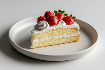 A delectable slice of vanilla cake, layered with creamy frosting and topped with fresh strawberries.
