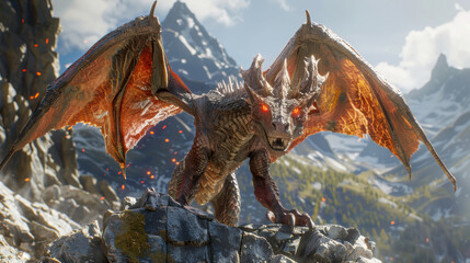 Obraz premium Fierce Dragon with Glowing Eyes on Rocky Mountain - High Stakes Fantasy Gaming Illustration