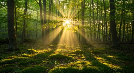Fototapeta premium Sunbeams in the Green Forest - Majestic sun rays piercing through lush green forest, illuminating mossy ground. Serene nature scene