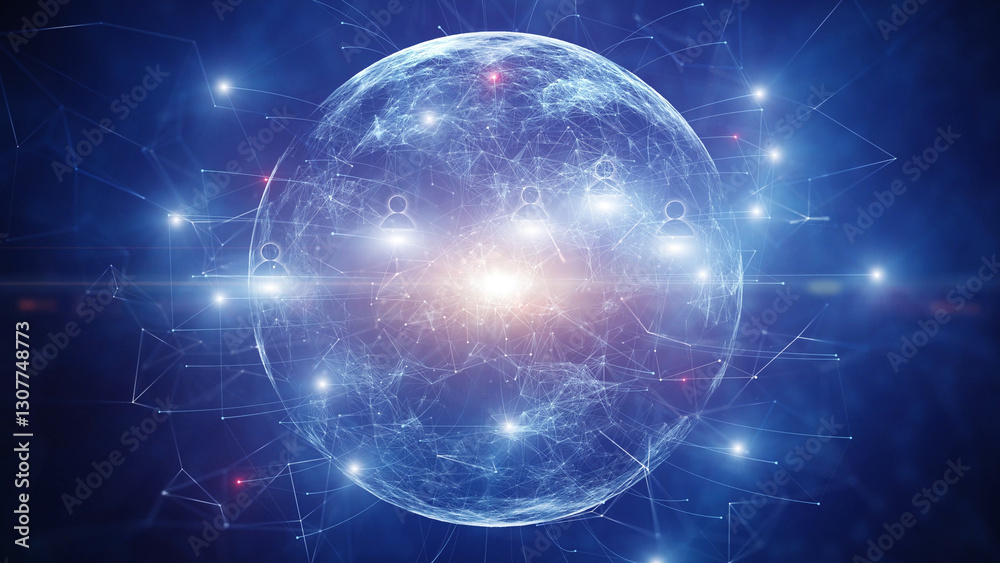 Sticker glowing digital 3d business network cyberspace with artificial intelligence sphere and people icon s