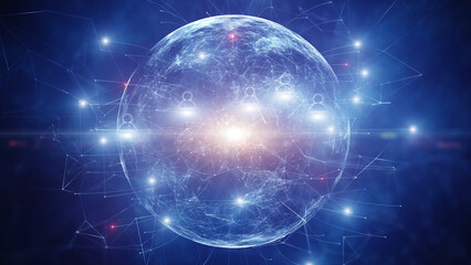 Glowing digital 3d business network cyberspace with artificial intelligence sphere and people icon signs illustration background. 
