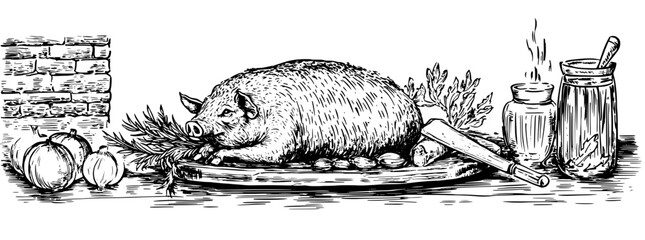 Obraz premium Engraved illustration of a rustic culinary arrangement with a whole pig and kitchen tools on a wooden table