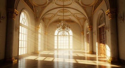 Fototapeta premium Sunlit Palace Hallway 3D Illustration - Elegant palace hallway, sunbeams streaming through arched windows, gilded columns, ornate ceiling, grand chandelier. Symbolizing luxury, history, light, grace