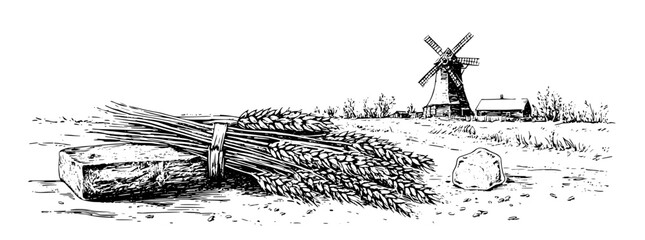 Obraz premium Engraved illustration of a traditional windmill with wheat sheaves resting against a stone in a scenic rural landscape