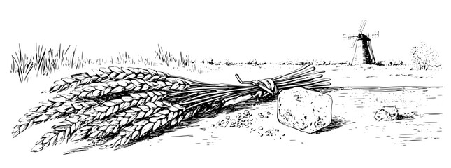 Obraz premium Wheat sheaf and mill with a stone on a tranquil countryside landscape in a vintage engraving style