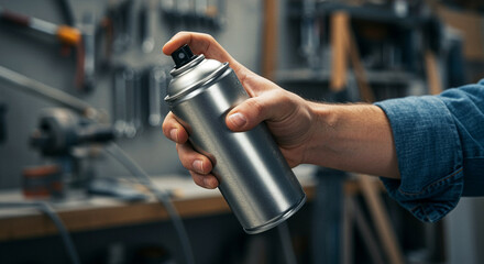 Spray Can in Hand. Person holding silver spray can in workshop. Close-up of spray paint can in hand