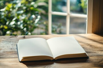 Open book rests on wooden table near sunlit window, blank pages ready for writing or reading.