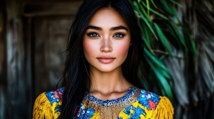 Fototapeta premium A striking woman with long dark hair and captivating blue eyes poses gracefully. She wears a brightly patterned traditional dress, showcasing her natural beauty amidst lush greenery