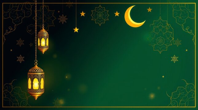 Elegant Ramadan Lantern Background Green Design - Powered by Adobe