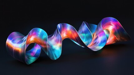 Fototapeta premium Abstract iridescent metallic ribbon swirling in dark background.