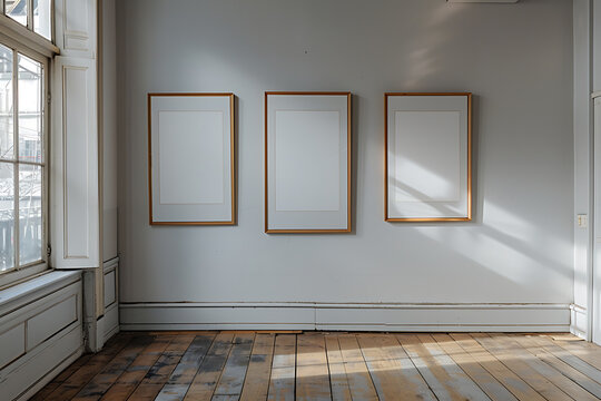 interior photography, close-up shot of three empty x picture frames on a white wall in a vacant paris apartment, in high-quality