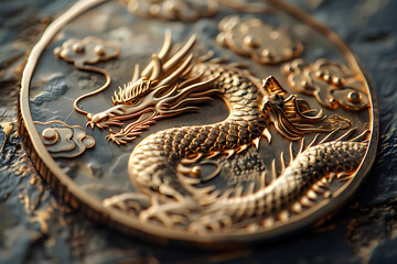 golden dragon coin, un coin dor orn dun dragon entour de flammes, pos sur un marbre, avec des dtails mticuleux et une texture luisante donnant un charme mystique