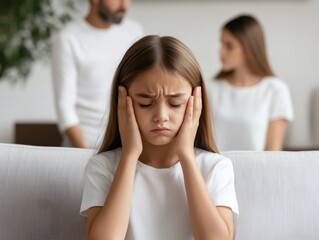Stressed child blocking ears during loud parental conflict, symbolizing emotional impact of family discord