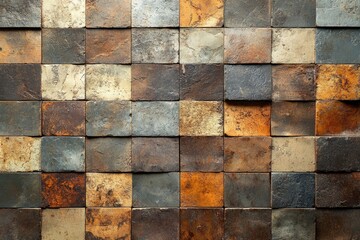 A mosaic of square tiles in varying shades of brown, gray, and beige, creating a textured and rustic wall.