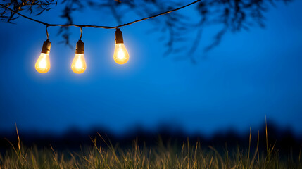 Three illuminated Edison bulbs hang from a tree branch at twilight, casting a warm glow against a blurred field of grass. Perfect for a relaxing, romantic or evening themed project