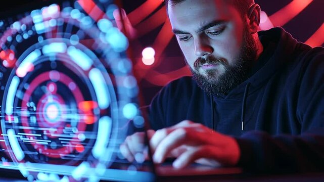 A software engineer writes JavaScript code on a laptop in a sleek, contemporary office setting.