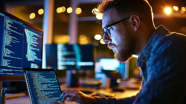 Tech-savvy developer crafting cutting-edge software in a sleek, contemporary workspace.