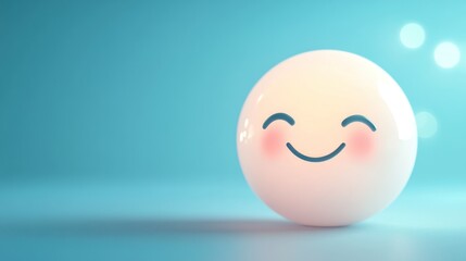 Smiling sphere resting in dreamy blue studio, light circles floating nearby, gentle scene