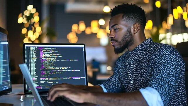 Innovative programmer working on code in a high-tech, collaborative environment.