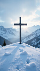 A Christian cross stands against a mountain backdrop, symbolizing faith in challenging environments.