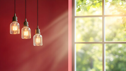 Three vintage-style pendant lights illuminate a red wall near a sunlit window overlooking lush green foliage; ideal for interior design blogs or home d?cor websites