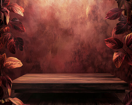 Dark wooden platform against a textured maroon background, framed by autumnal leaves, showcasing a product display space, ideal for autumnal or fall-themed promotions