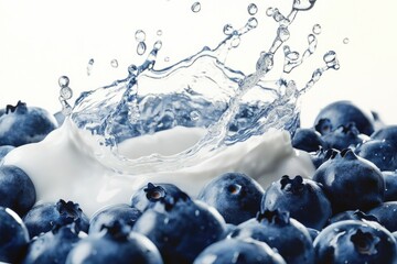 Fresh blueberries submerged in creamy milk, creating a vibrant splash of dairy goodness.